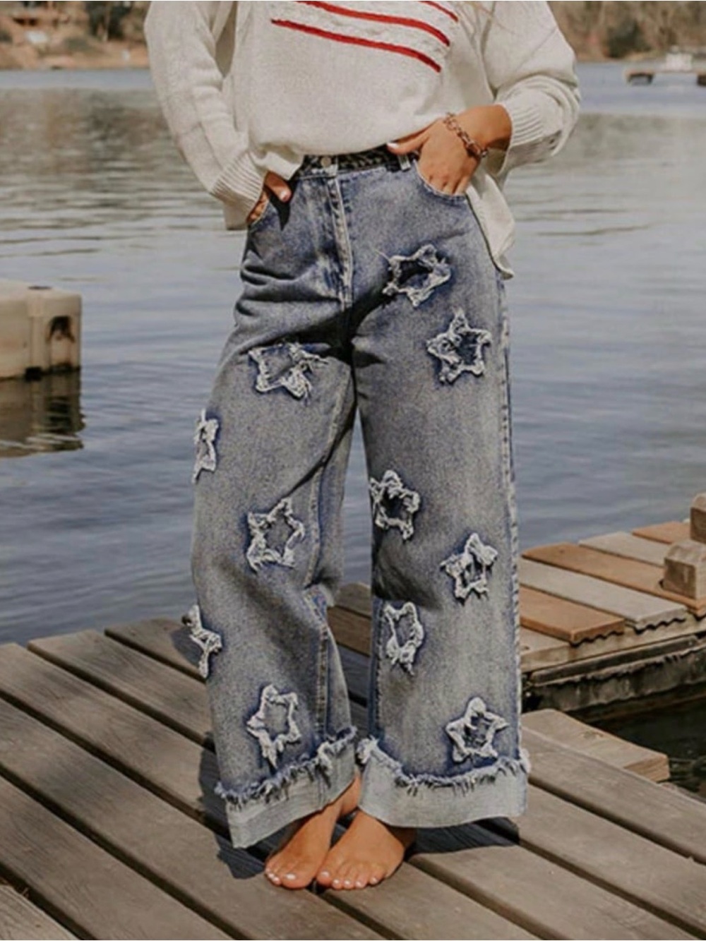 BIBI Star Denim Jeans Wide Leg 100% Cotton Women’s Large 32” Boho Y2K 90’s - Picture 2 of 8